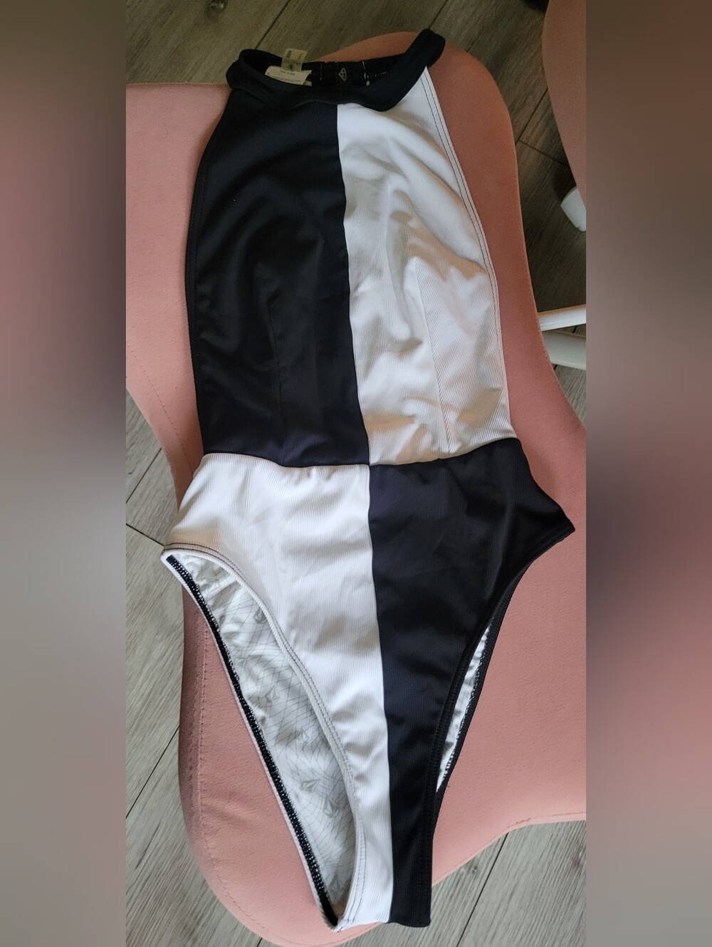 Volcom Swimsuit 1 Piece Black White Colorblock High Neck HTF XS